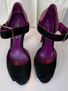 Sergio Rossi Black Suede Peep-Toe Heels with Purple Leather Insole